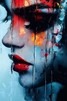Artistic portrait with red lips and dramatic water drops creating melancholic atmosphere against blue background, mixed media style emphasizing emotional expression.