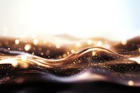 Abstract golden waves flow across dark background with glowing light particles and bokeh effect creating luxurious dynamic composition.