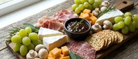 Gourmet cheese and charcuterie board with grapes, crackers, nuts and jam on rustic wooden surface for entertaining and appetizer presentations.