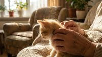 Close-up of senior person's hands gently petting orange tabby kitten on cozy living room sofa with warm sunlight and blurred furniture background.