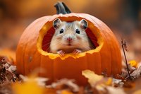 Adorable gerbil peeking out from carved orange pumpkin surrounded by autumn leaves, creating whimsical seasonal scene with soft bokeh background effect.
