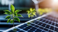 Young green plant growing next to solar panel in sunlight, representing sustainable energy, environmental conservation and renewable power generation concept.