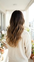 Young woman with long wavy brown ombre hair in cream sweater standing by bright window with plants for hair care and beauty concepts.