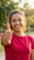 Happy young mixed race woman giving thumbs up gesture outdoors in park with bright smile wearing red shirt during golden hour sunlight.