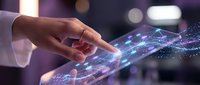 Business professional interacting with holographic digital network interface displaying glowing data connections and futuristic technology elements.