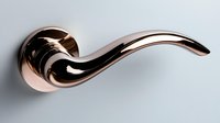 Elegant copper door handle with curved design and polished metallic finish against neutral gray background, showcasing modern interior hardware.