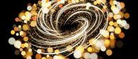 Golden swirling light trails with bokeh particles create an elegant spiral vortex effect on black background for luxury and celebration designs.
