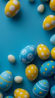 Decorated Easter eggs in yellow and turquoise colors with polka dots, stripes and floral patterns arranged on bright blue background. Festive spring holiday layout.