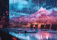 Modern trading room with financial charts projected on panoramic windows overlooking illuminated night city and mountain landscape in pink and blue neon colors.