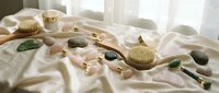 Spa wellness collection with jade roller, gua sha tools, natural stones and dry brush arranged on white linen for skincare and massage therapy routine.