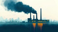 Industrial factory with smoking chimneys at dusk, silhouette of manufacturing plant reflecting in water, dark atmospheric cityscape with pollution emissions.