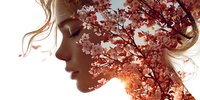 Young woman profile silhouette with autumn tree branches and warm sunlight creating double exposure effect for seasonal design projects.