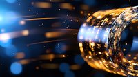 Glowing optical fiber with light trails and bokeh effects against dark background creates futuristic technology concept for digital communications and data transfer.