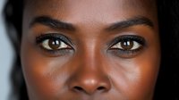 Close up portrait of young African American woman with brown eyes and flawless dark skin looking directly at camera with confident expression.