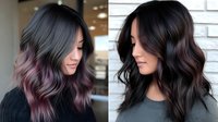 Young Asian woman with trendy dark to mauve ombre hair color shown in before and after style comparison, featuring modern wavy medium-length cut and professional salon result.