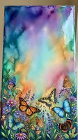 Colorful watercolor background with butterflies and wildflowers border frame for spring summer designs and nature themed projects.