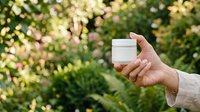 Person holding white cosmetic jar with green foliage background, suitable for skincare, beauty, wellness, and natural product marketing campaigns.