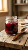 Homemade berry jam in glass jar with wooden spoon on rustic cutting board in cozy kitchen setting for breakfast and cooking concepts.