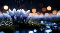 Purple crocus flowers blooming in spring rain with bokeh lights and water droplets creating magical nighttime garden atmosphere for seasonal nature designs.