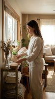 Young woman in linen clothing arranging dried flowers in glass vase by window in cozy living room with natural light and plants for home decor lifestyle.