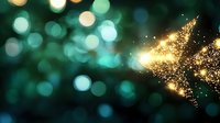 Magical glowing golden butterfly silhouette with sparkling trail effect on blurred turquoise bokeh background, creating ethereal fantasy atmosphere.
