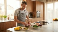 Middle-aged Caucasian man in apron preparing fresh salad in modern wooden kitchen with natural lighting during daytime cooking session.