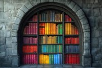 Colorful bookshelf with rainbow-arranged volumes inside stone arch alcove, creating magical library atmosphere in medieval-style wall.