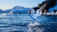 Heart-shaped splash of crystal clear water rising above blue ocean surface with mountain silhouettes and bokeh lights in background, romantic nature moment.