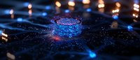 Futuristic glowing cryptocurrency coin with digital network connections and light effects on dark background, blockchain technology concept visualization.