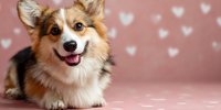 Happy Welsh Corgi dog lying on pink background with white hearts pattern, perfect for pet-themed greeting cards and social media posts.