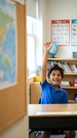 Enthusiastic young Hispanic boy raising hand in elementary school classroom with educational materials and books on shelves for learning activities.