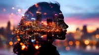 Female profile silhouette with double exposure of illuminated city skyline at sunset, blending urban nightlife with dreamy bokeh lights creating artistic portrait.