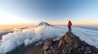Adventurous hiker in red jacket stands on mountain peak above clouds at sunrise, with snow-capped volcano rising through sea of white clouds in distance.