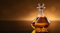 Crystal glass decanter with amber liquid against dark brown background with dramatic lighting and reflections, luxury beverage presentation.