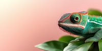 Colorful panther chameleon close-up portrait on green leaf against pink background. Macro shot showing detailed scales and bright eye of exotic reptile.