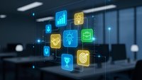 Digital business icons floating in modern office space with holographic technology display for corporate presentations and data visualization concepts.