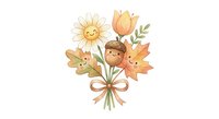 Cute autumn flower bouquet with smiling daisy, tulip and leaves tied with ribbon on white background isolated for seasonal greeting cards and designs.
