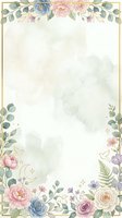 Watercolor floral border frame with roses, peonies, and eucalyptus leaves on cream background. Gold trim. Isolated design ready for invitations, cards, and stationery projects.