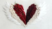 Heart shape created with white feathers, red chili peppers and dark berries arranged on light background, artistic food composition for Valentine's day decor.
