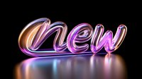 Glowing neon word new in cursive script style with pink and blue holographic reflection on black background, modern typography design for advertising.