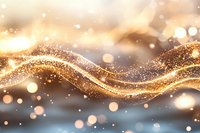 Magical golden wave with sparkling glitter particles and bokeh lights flowing on blurred background, creating luxurious festive atmosphere.