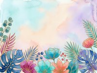 Watercolor tropical floral background with colorful flowers, palm and monstera leaves, pastel gradient sky, and gold outlines for cards or invitations.