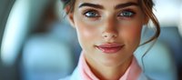 Young Caucasian woman with blue eyes and natural makeup smiling warmly at camera, wearing pink collar shirt. Close up portrait with soft bokeh background.