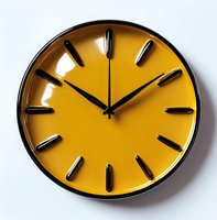 Modern round wall clock with yellow face and black minimalist hour markers on white background, stylish contemporary timepiece for home or office decor.