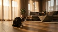 Tabby cat resting on warm hardwood floor in a cozy modern living room with soft natural light filtering through sheer curtains.