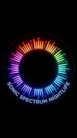 Circular neon equalizer with rainbow spectrum bars and music notes on black background, glowing nightlife club logo design.