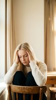 Stressed young blonde woman holding head in hands sitting on wooden chair by window experiencing headache or mental health struggles in warm interior.