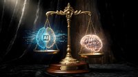 Golden scales of justice weighing artificial intelligence against human brain in dramatic lighting with digital effects for legal technology concepts.