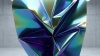 Iridescent holographic crystal formation with rainbow reflections and metallic surface creating futuristic abstract geometric sculpture for modern design projects.
