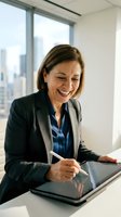Professional businesswoman laughing while using digital tablet in modern office with city skyline view for corporate presentations and meetings.